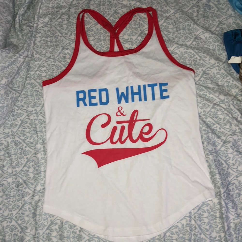 “RED WHITE & CUTE” Macy’s white/red strap tank